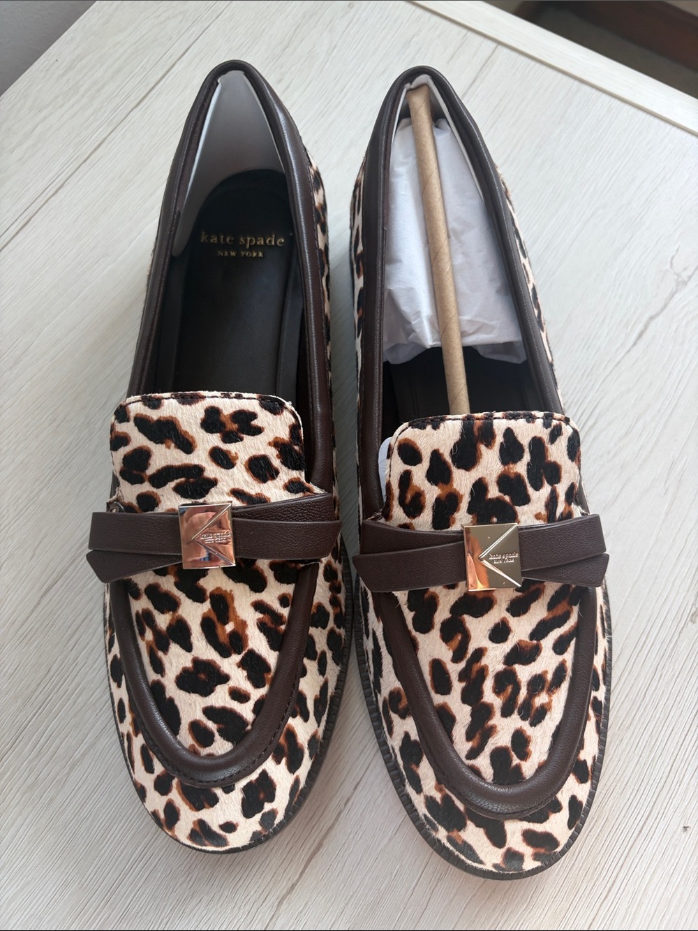 kate spade Leopard Print Loafers with Brown Trim and Gold Accent